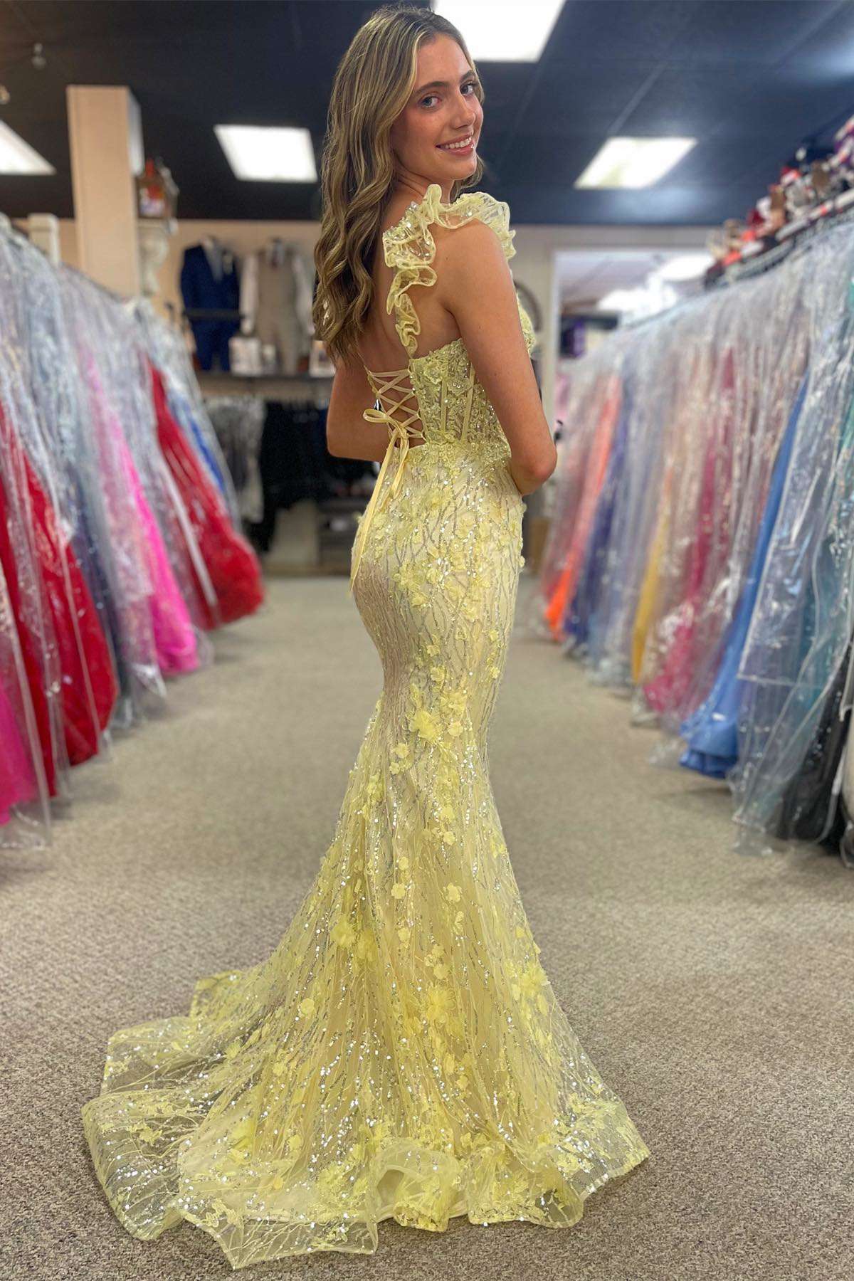 Yellow Ruffle Straps Flower Mermaid Long Prom Dress-27dress