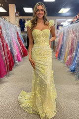 Yellow Ruffle Straps Flower Mermaid Long Prom Dress-27dress