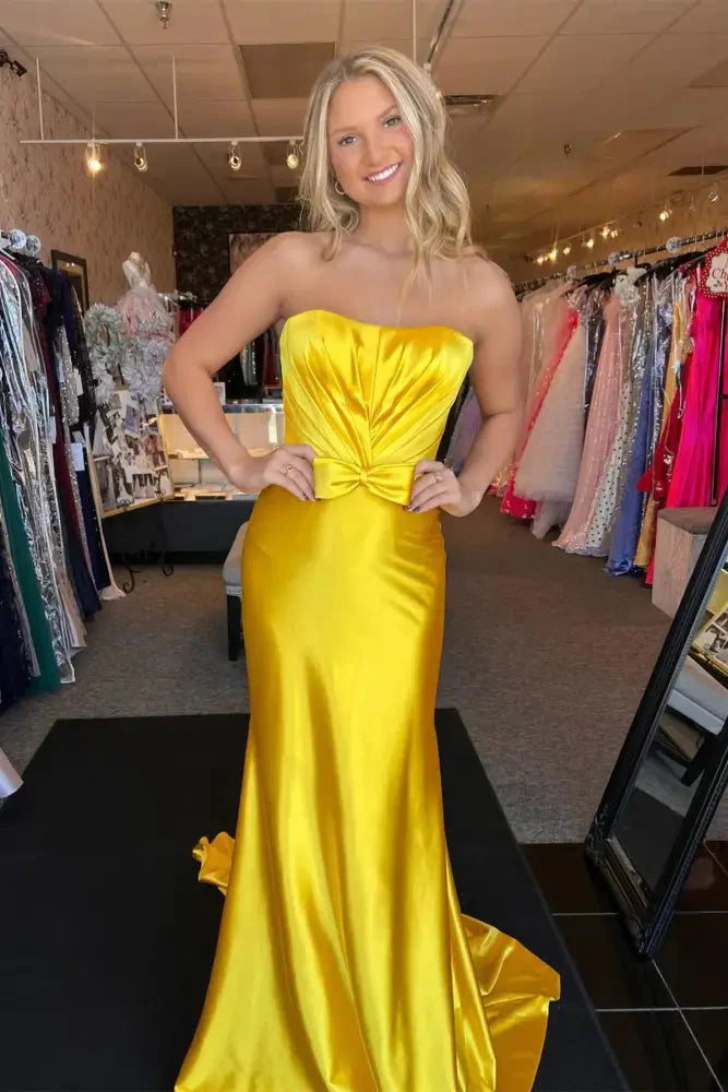 Yellow Strapless Mermaid Long Prom Dress with Bow