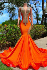 Vibrant Orange Prom Dress - V Neckline Sleeveless Mermaid Style with Appliques