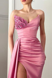 V-Neck Pink Beads Long Slit Mermaid Evening Dress With Ruffles