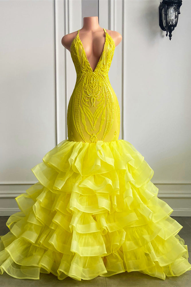 Yellow V Neck Halter Mermaid Lace Prom Dress with Ruffle