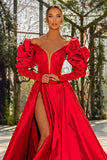 Red V Neck Bubble Sleeves Sexy Prom Dress With Slit