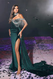 Beautiful Dark Green Mermaid Satin High Neck Long Beading Prom Dress With Slit