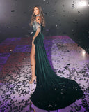 Beautiful Dark Green Mermaid Satin High Neck Long Beading Prom Dress With Slit