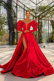 Red V Neck Bubble Sleeves Sexy Prom Dress With Slit