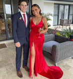 Red Evening Dress with Spaghetti Straps and Slit